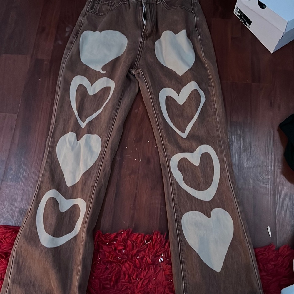 Shein brown and beige heart flare jeans